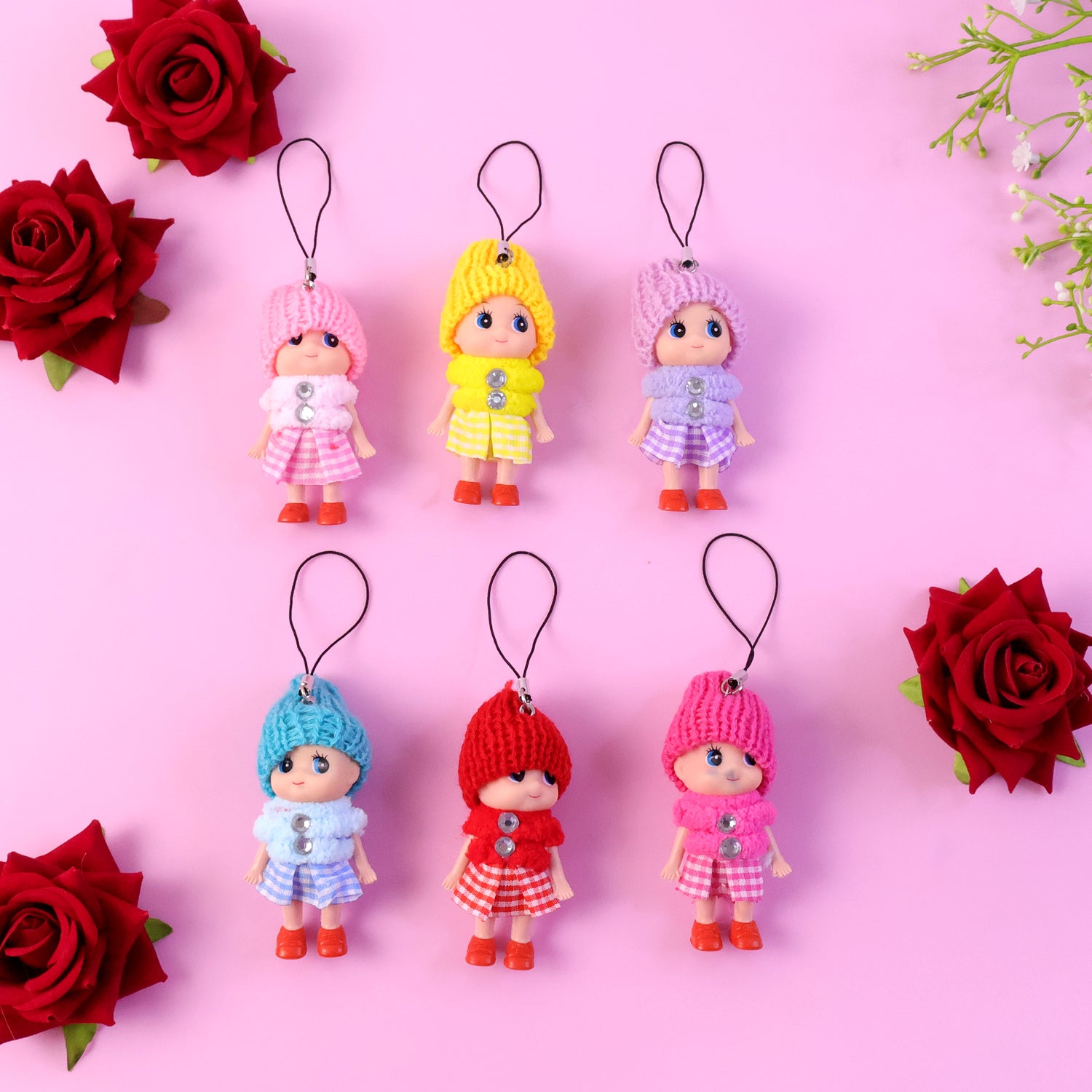 Cute Mini Doll Hanging Keychain Set (6 Pc Mix Color)
