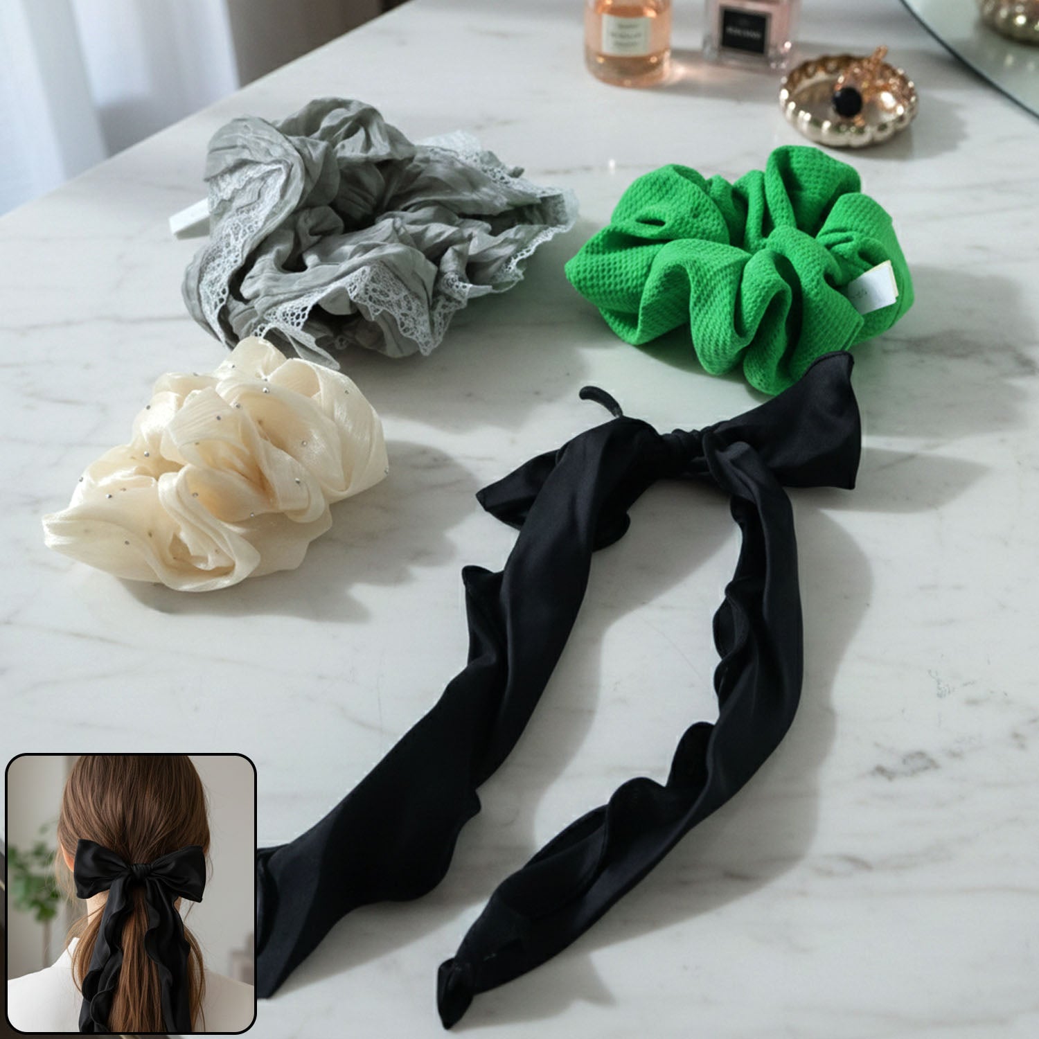 Stylish Fabric Hair Scrunchie With Bow Tie Design(1 Pc Mix Color  Design)