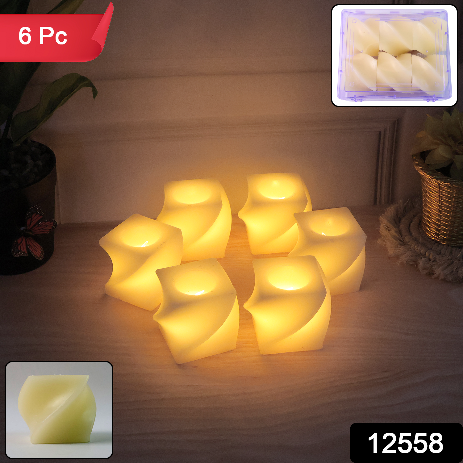 Set Of 6 Led Flameless Decorative Candles  Square Shape Tealight Lamps