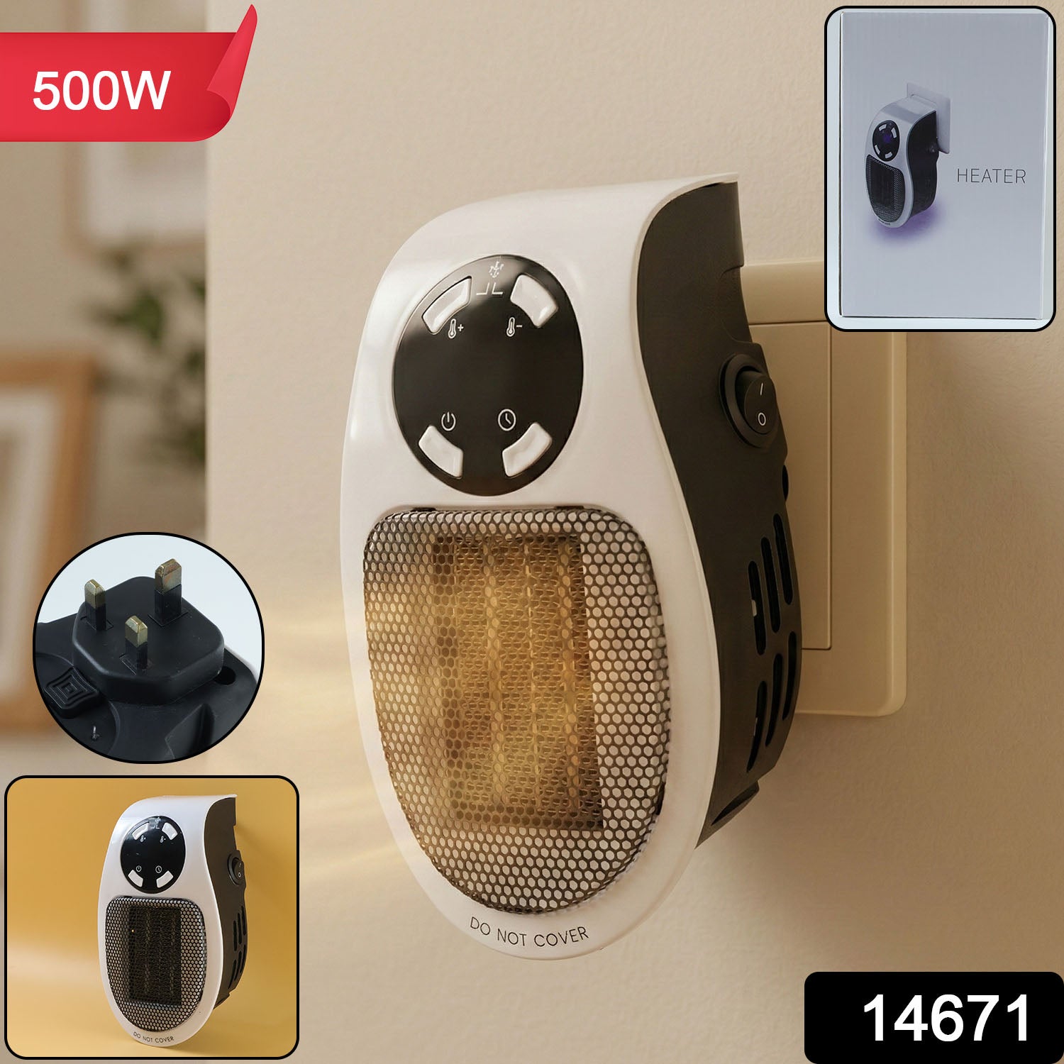 500w Portable Wall Plug Room Heater Compact Electric Space Heater