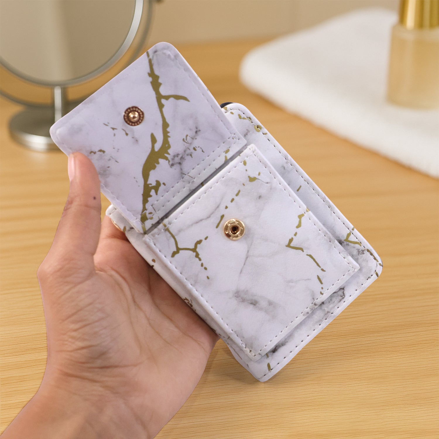 Compact Marble Finish Snap Button Card Holder Wallet (1 Pc)