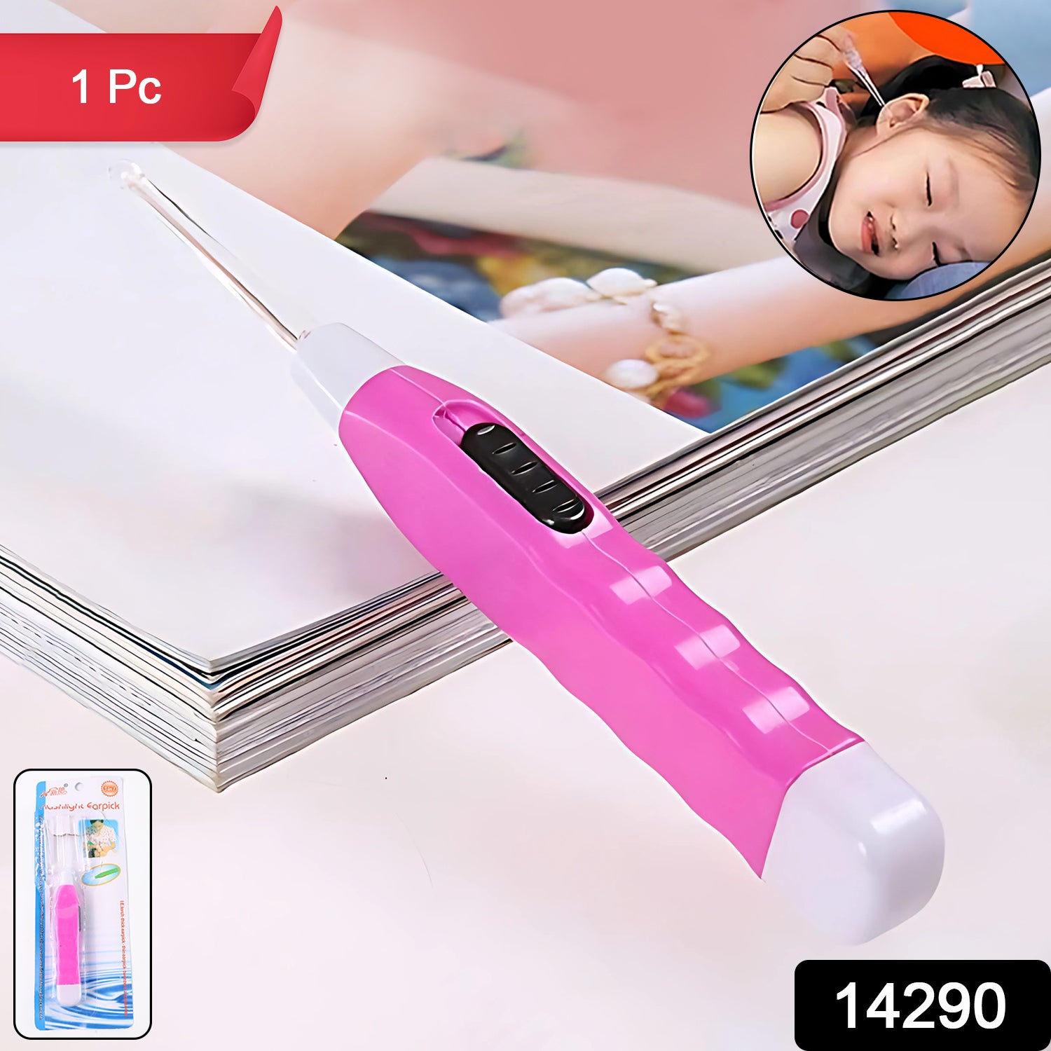 Pink Led Flashlight Earpick With Tweezer (1 Pc)