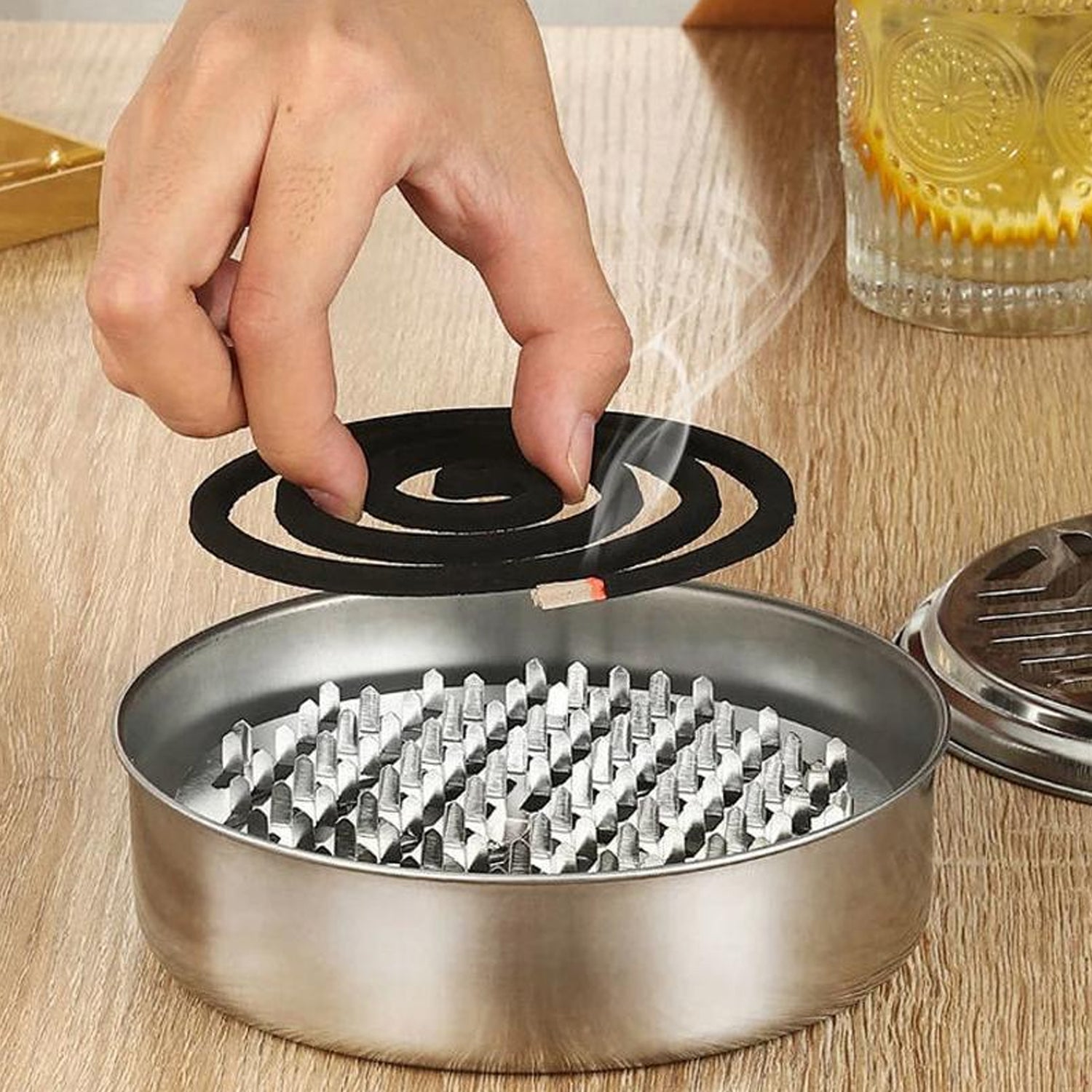 Stainless Steel Mosquito Coil Stand With Smoke Vent Lid (1 Pc)