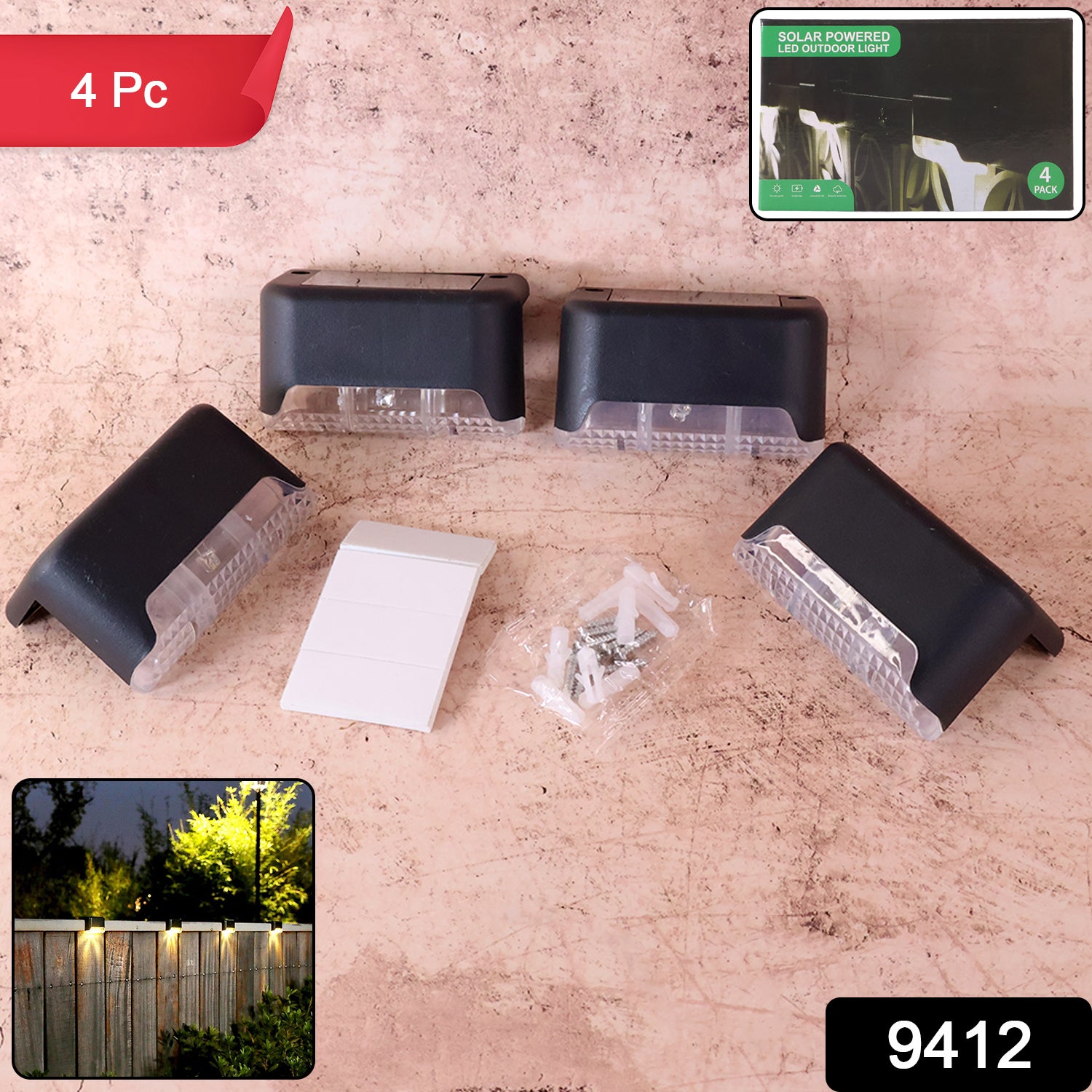 9412 Solar Decorative Lights Waterproof Durable Garden Atmosphere Lights Stair Lights Railing Lights Step Steps Lights For Outdoor Patio Courtyard Stair Step Fence Patio Stairsyard Garden Pathway ( 4 Pc Set)
