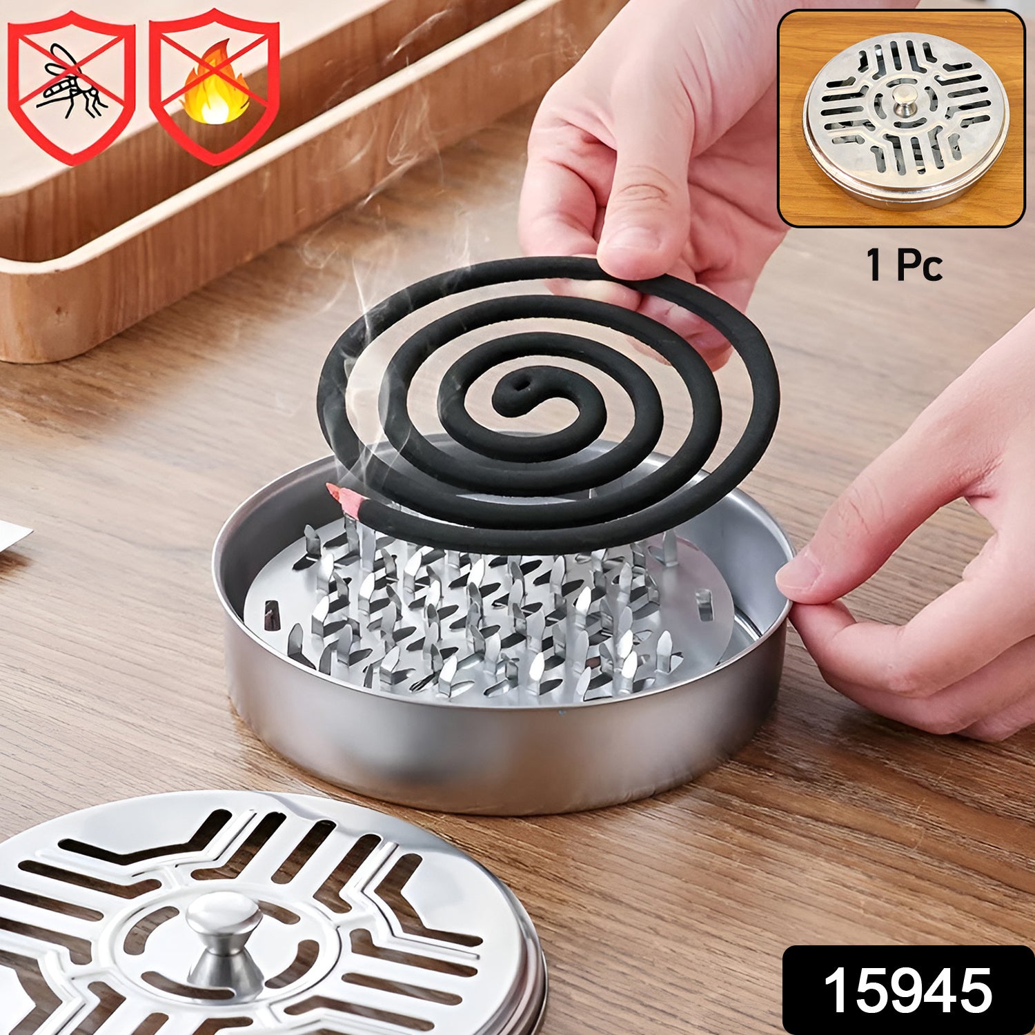 Stainless Steel Mosquito Coil Stand With Smoke Vent Lid (1 Pc)