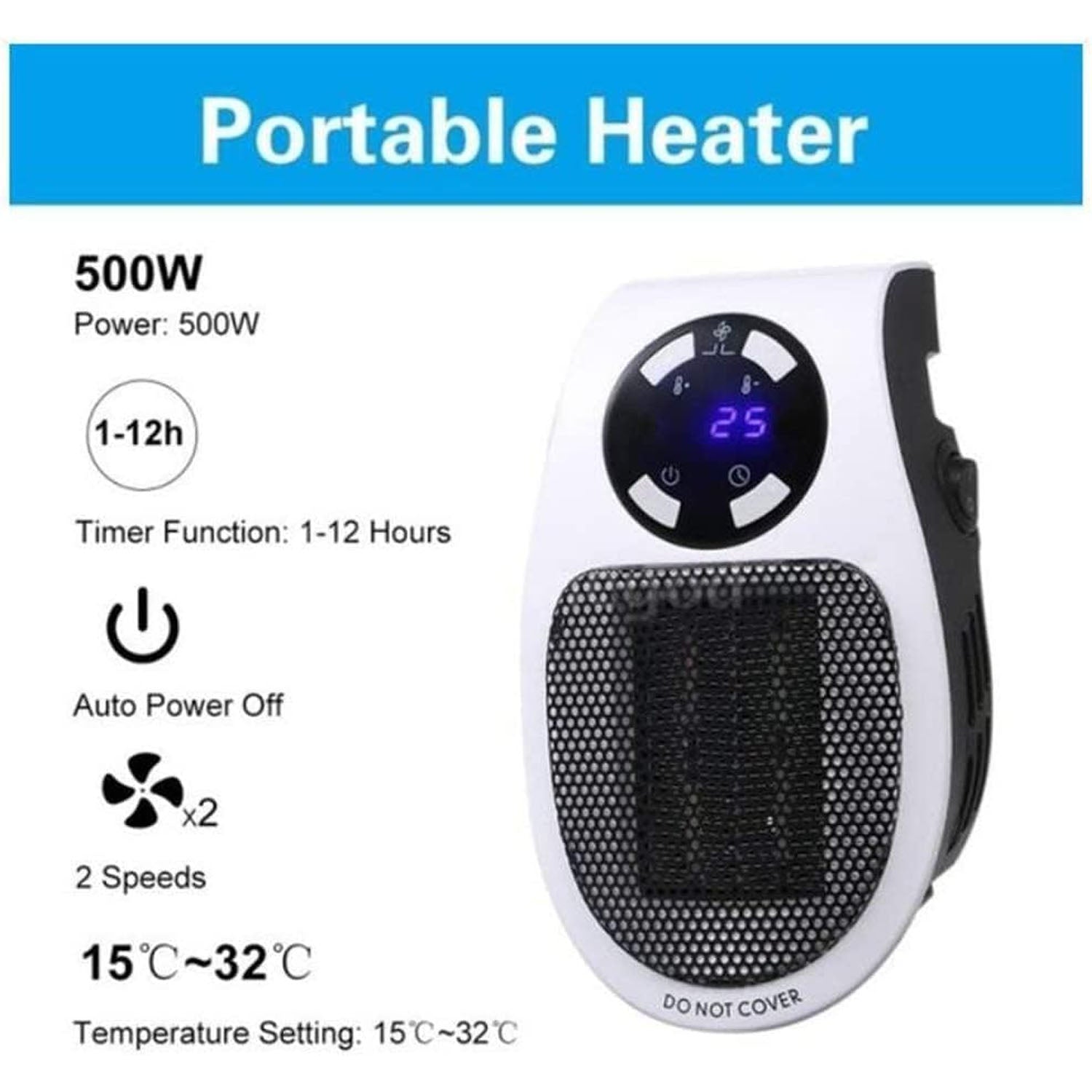 500w Portable Wall Plug Room Heater Compact Electric Space Heater